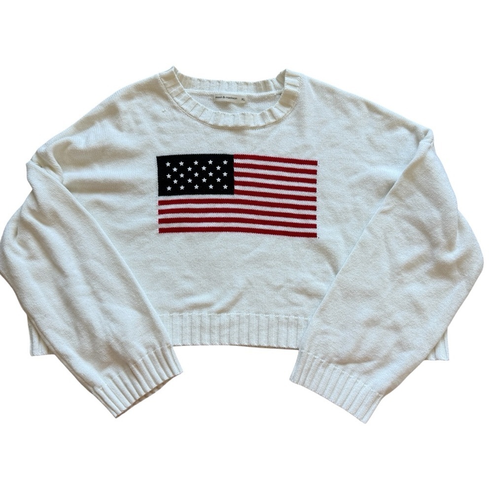Moon & Madison American Flag Sweater XL Cropped Patriotic Knit Cotton Blend USA